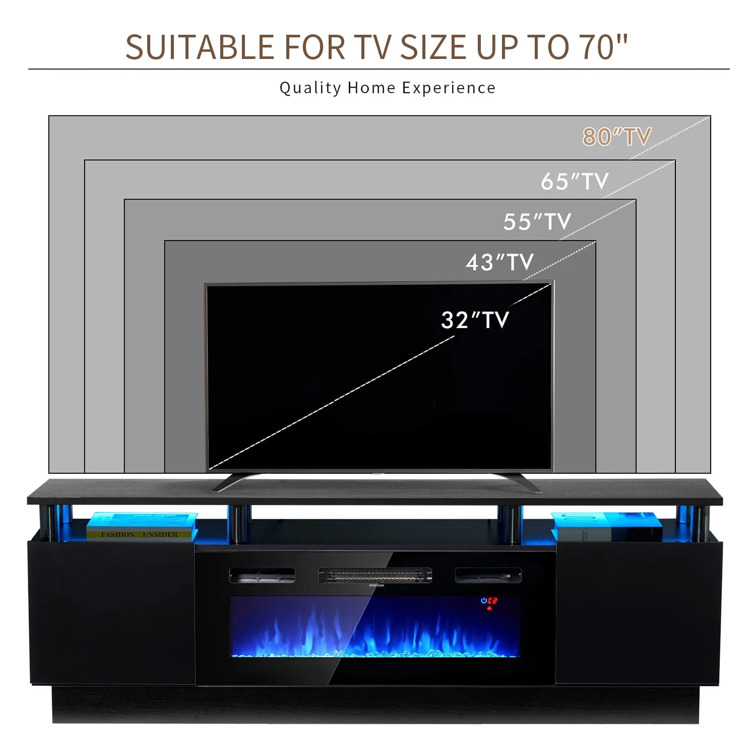 Easoger Fireplace TV Stand, Entertainment Center for TVs up to 80", 70” TV Stand with 36'' Electric Fireplace, LED Lights Entertainment Center, TV Console, Black