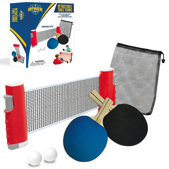 Anywhere Sports: Retractable Table Tennis - 6pc Sports Game Set, Extends To 70", Net, Paddles, Ping Pong Balls, Mesh Storage Bag, Indoor-Outdoor Play