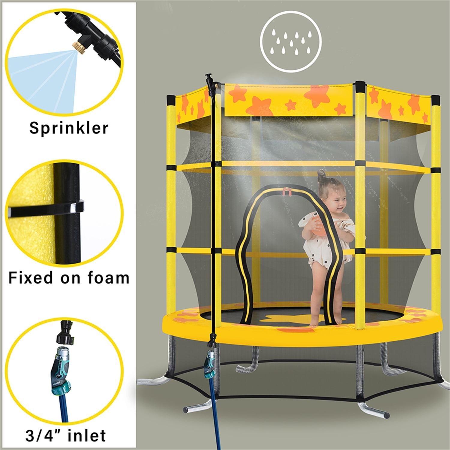 Private Jungle 55 InchTrampoline for Kids, Mini Trampoline with Enclosure Net and with Water Sprinkler for Toddler Exercise Birthday Gifts - Yellow