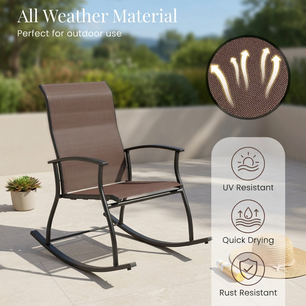 Hommoo 2-Pack Outdoor Rocking Chairs, Breathable Fabric Seat, Rust-Resistant Metal Frame, Ergonomic Back Support, Brown