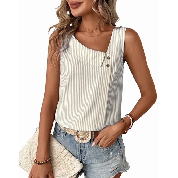 Women'S Button Asymmetrical V Neck Striped Print Blouses Casual Sleeveless Tank Top Summer Shirt Tops Apricot S