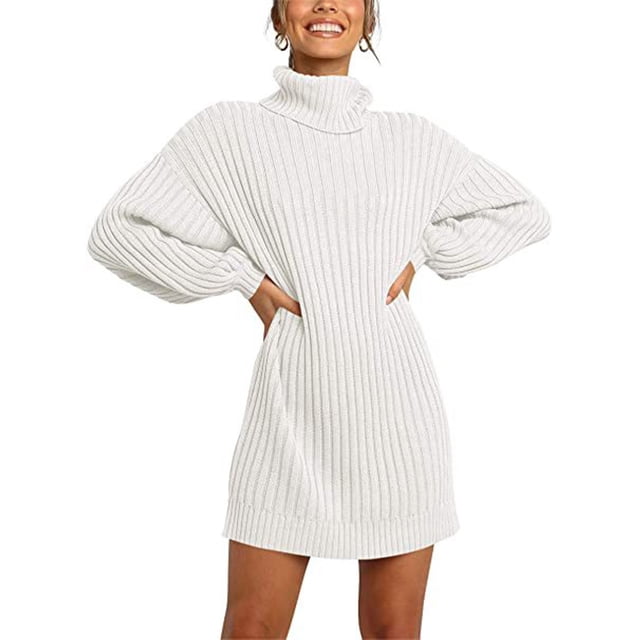 Vestido De Suéter De Punto, Suéter Cómodo Hasta La Rodilla Vestidos De Suéter De Manga Larga Con Rayas Verticales Color Puro Para Citas Para El Trabajo ANGGREK Blanco XL