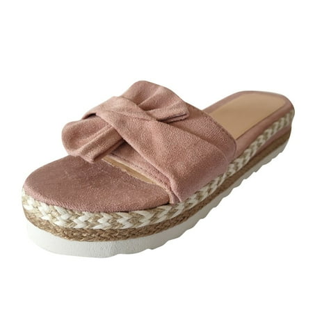 

asdoklhq Womens Shoes Clearance Under $20 Summer Slip-On Bow Flat Beach Open Toe Breathable Sandals Weave Shoes