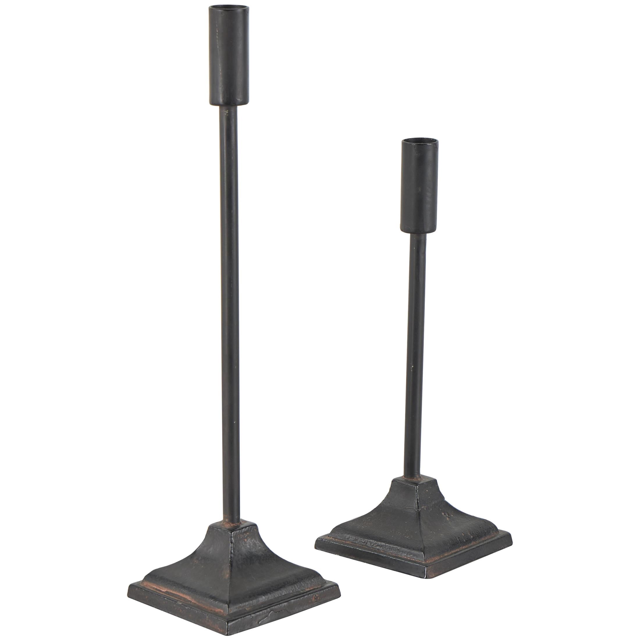 DecMode 2 Candle Black Metal Slim Weathered Candle Holder with Square Tapered Bases, Set of 2