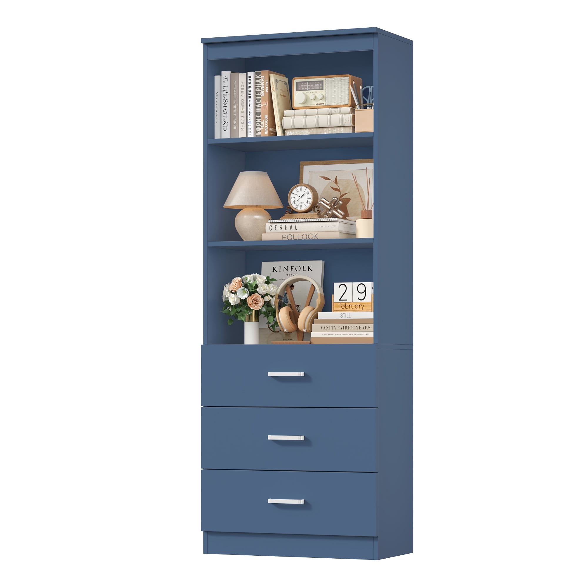 Homfa 71" Tall Bookcases with 3 Large Drawers, 3 Tier Wooden Storage Bookshelf for Living Room Home Office, Blue