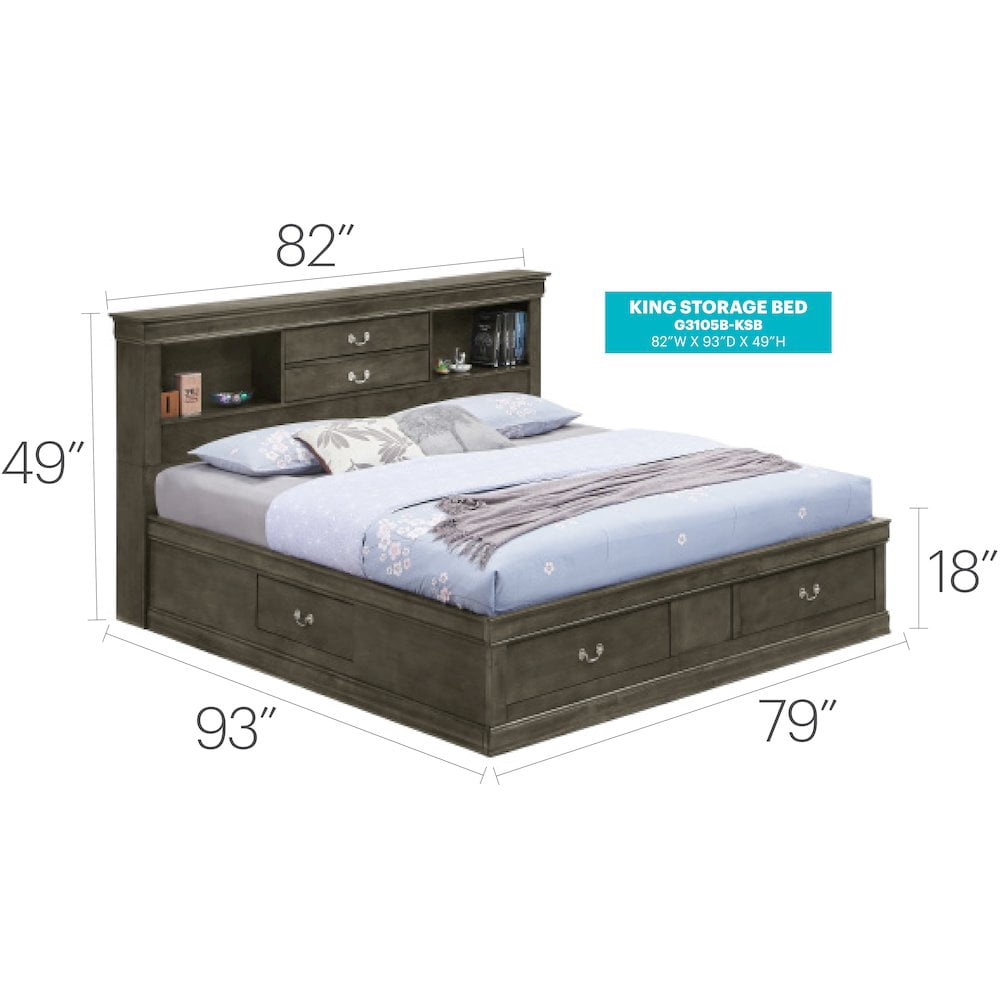 Glory Furniture Louis Phillipe King Storage Bed in Gray Color