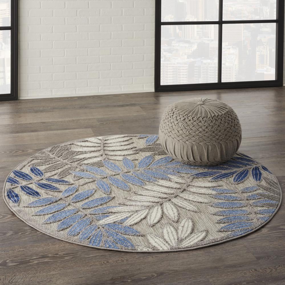 5â€™ Round Gray and Blue Leaves Indoor Outdoor Area Rug