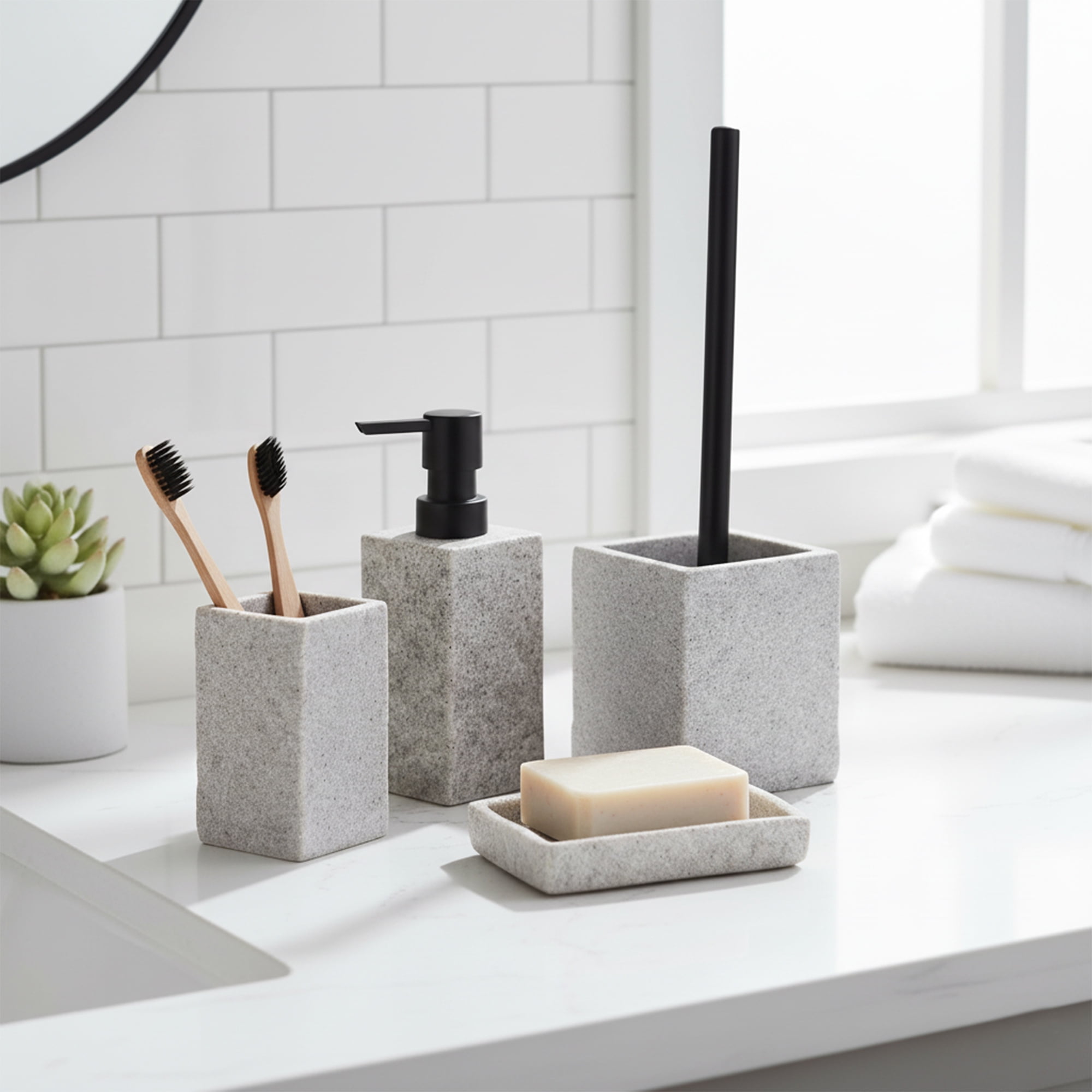 Gray Stone Effect Square Toilet Brush and Holder Set