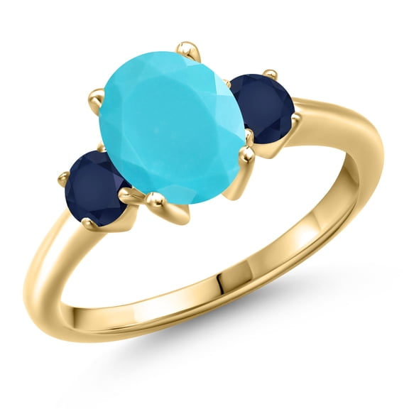 Gem Stone King 10K Yellow Gold Green Turquoise and Blue Sapphire Engagement Ring for Women | 2.20 Cttw | Oval 9X7MM | Gemstone Birthstone | Size 8