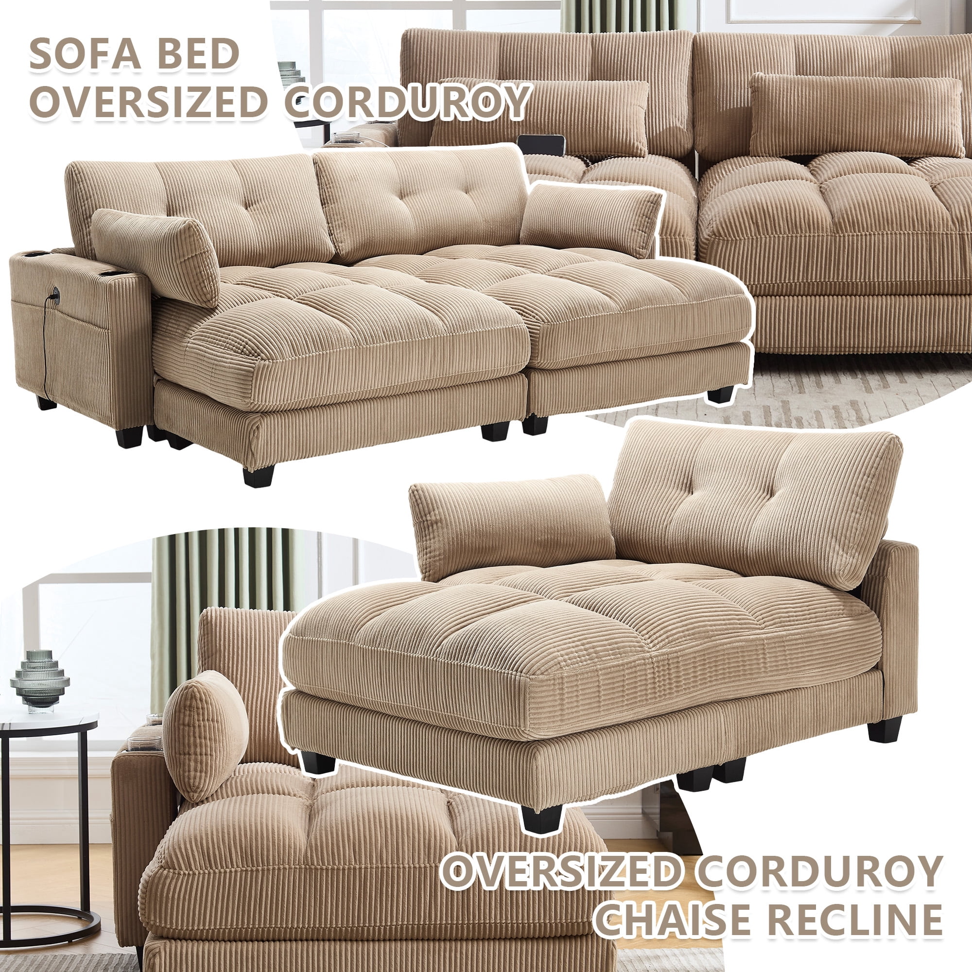 MOONMISS Corduroy Upholstered Soft Deep Seat Sleeper Loveseats Sofa with USB,Type-C&Cup Holders-Khaki