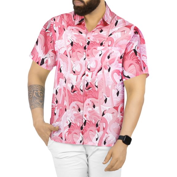 LA LEELA Men's Hawaiian Shirts Short Sleeve Button Down Shirt Men's Tropical Shirts Casual Holiday Summer Party Caribbean Shirts for Men Funny L Wading Birds, Autumn Pink