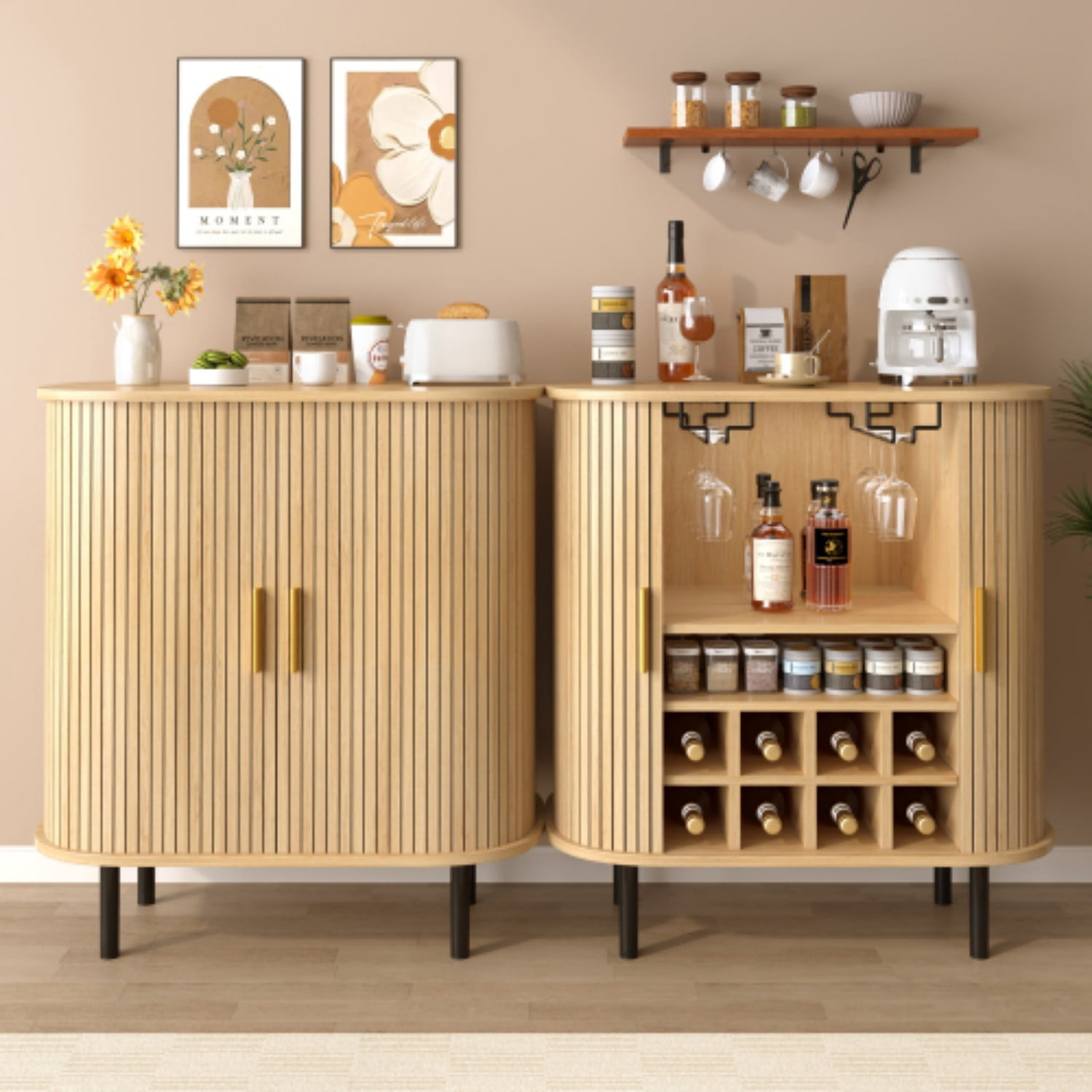 28" Fluted Wine Bar Cabinet, Modern Liquor & Coffee Bar Station with Sliding Tambour Doors, Wine Rack, Glass Holders & Adjustable Shelves, Natural