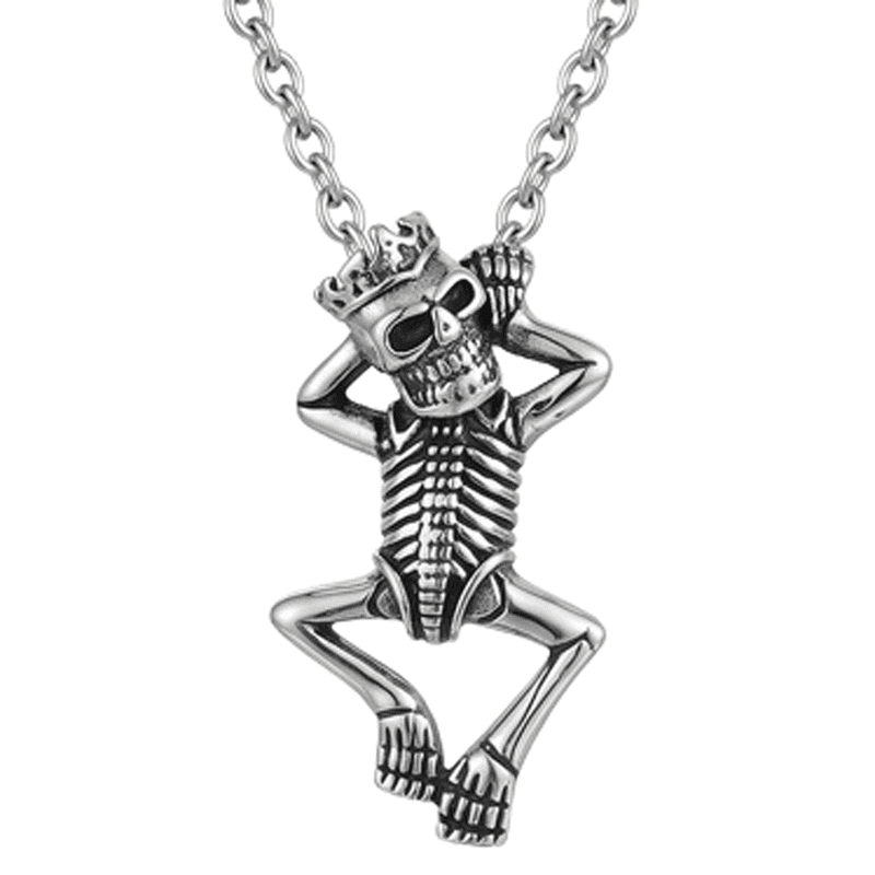 King Skeleton Pendant Necklace Stainless Steel 18 Inch Cable Chain Silver Tone Crowned Skull Jewelry Gift Mens Accessory