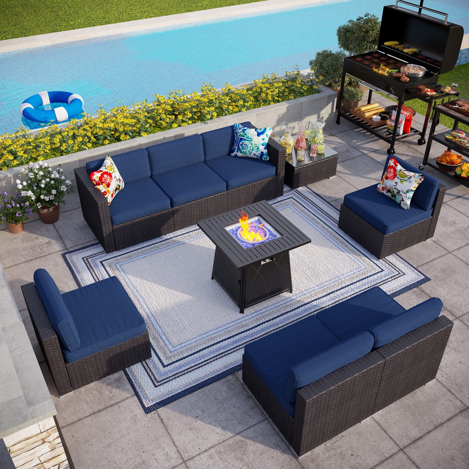 MF Studio 9 PCS Outdoor Patio Furniture Set with 45-Inch Fire Pit Table