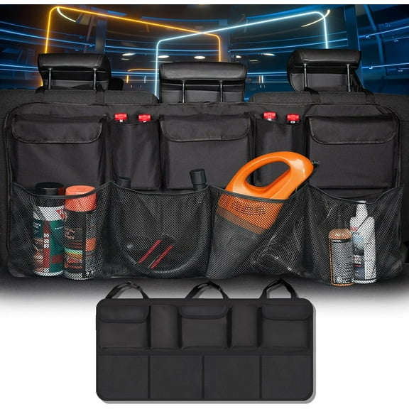 Trunk Organizer for SUV,Car Organizers and Storage Back Seat Foldable Organization,42.5” Truck Tool Box Organizer Cargo Net Accessories Trunk Caddy Aotomotive Hanging Storage Black