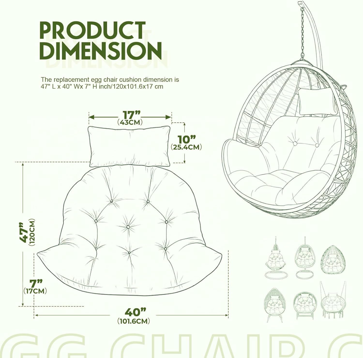 Outdoor Egg Chair Cushion, Waterproof Hanging Chair Cushion with Headrest Pillow, Egg Chair Replacement Cushion for Patio Furniture, U-Shaped Eggs Swing Cushion for Basket Chairs, Gray