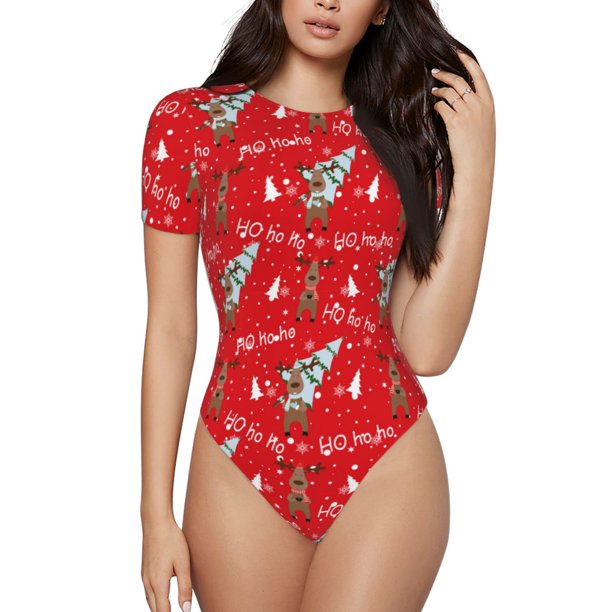 Balery Christmas Deer 1 Body de cuello redondo de manga corta para mujer Tops de manga corta Tops básicos-XX-Large