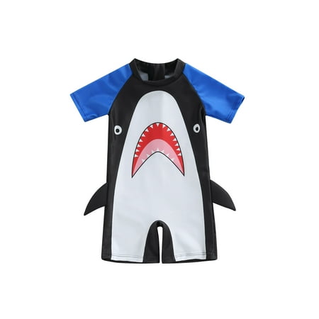 

Tempura Boys Cartoon Shark Swimwear Blue Patchwork Short Sleeve One-piece Bathing Suit 9 Months-4 Years
