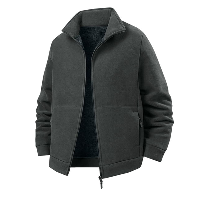 Men's Thick Fleece Jacket with Zipper Pockets and Stand-Up Collar for Warm Outdoor Protection
