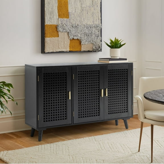 Boho Cabinet with 3 Lattice Doors Storage Sideboard Credenzas TV Stand Wooden Legs Metal Handle Home Living Room Black