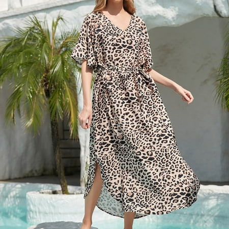 Beach Cover Up Dress For Women Plus Size Summer Dresses For Women Beach Cover Ups Beach Cover Ups For Women Long Dress Half Sleeve Beach Dress Women Casual V Neck Side Slit Swimwear Bikini Cover Up