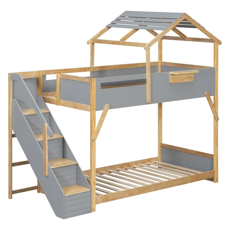 Twin Over Twin House Bunk Bed with Stairs, 3-Color LED Lights and Storage Shelf, Wooden Bunk Bed Frame with Guardrails and Roof Frame for Kids Bedroom
