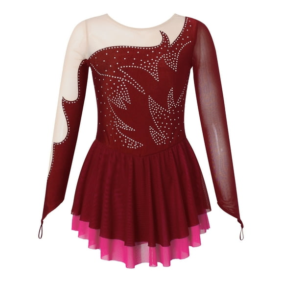 Aislor Kids Girls Shiny Rhinestones Mesh Long Sleeve Figure Ice Skating Dress Ballet Tutu Skirt Dancewear Burgundy 16