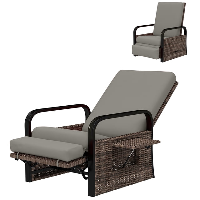 CoSoTower Fauteuil Inclinable d'Extérieur en Osier, Chaise Longue Inclinable avec Dossier Réglable, Repose-Pieds et Plateau Latéral, Gris Pâle