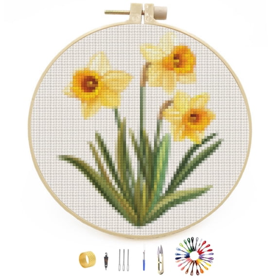Yellow Daffodil Flower Stamped Cross Stitch Kits for Beginners with Hoop Simple Patterns 11CT Counted Embroidery Needlepoint Crafts Arts for DIY Enthusiasts and Home Decor 26x26cm(8)