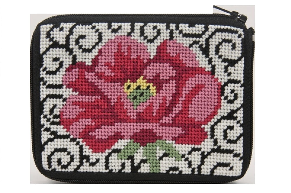 Stitch and Zip Coin/Credit Card Case Needlepoint Kit-Red Asian Floral SZ202 