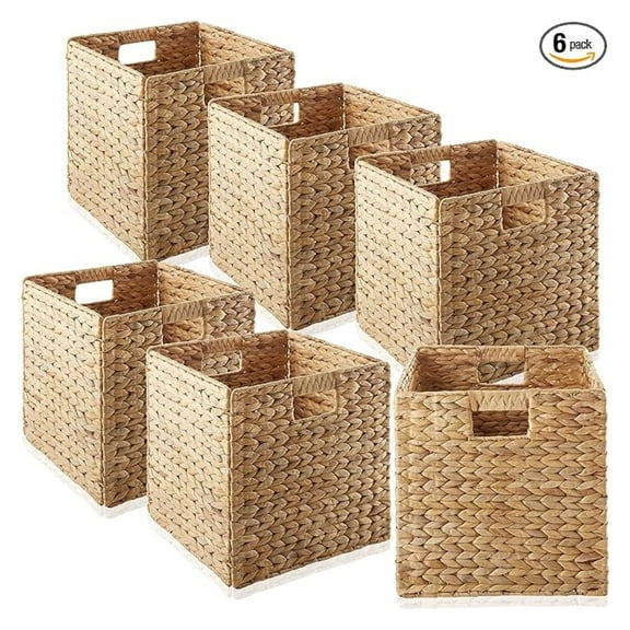 AIZYT 12" x 12" Water Hyacinth Storage Baskets, Natural - Set of 6 Collapsible Cube Organizers, Woven Bins for Bathroom, Bedroom, Laundry, Pantry, Shelves