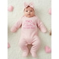 thumbnail image 5 of Gzhioc Newborn Baby Girl Fall Romper Bow Letter Embroidered Waffle Knit Long Sleeve Jumpsuit with Matching Headband 2 Piece Set, 5 of 9