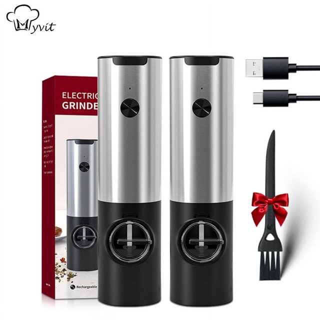 Electric Salt and Pepper Grinder Set of 2,Automatic Refillable Pepper Mill,USB Rechargeable,Adjustable Coarseness,One-handed Pperation,with LED light,Silvery