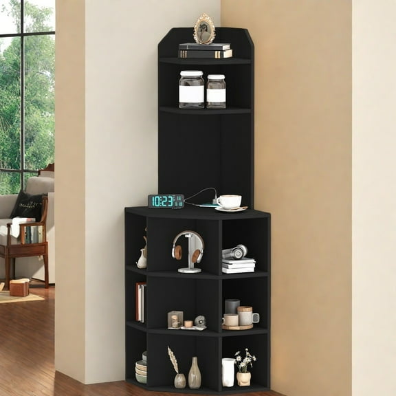 Uforic 5-Tier Corner Shelf with 9 cube, Wooden Display Bookcases Bookshelf with USB Ports, Black