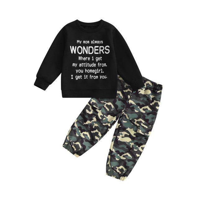 xiaxaixu Little Boy 2 Piece Set, Letter Print Long Sleeve Tops Camouflage Cargo Pants Toddler Outfits for Spring Fall