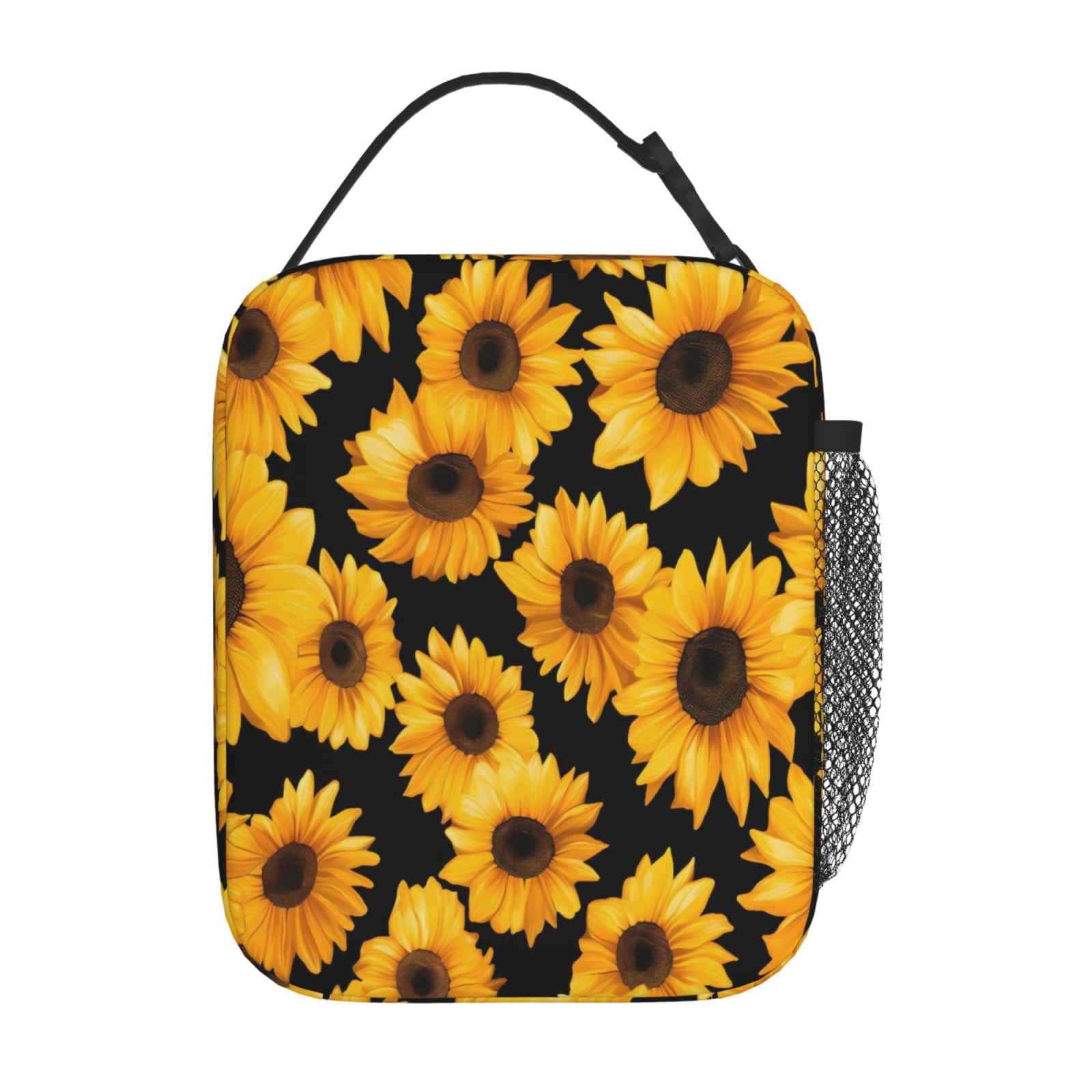 Lunch Bag For Women Men Insulated Portable Lunch Box Bento Box Office Picnic Travel Cooler Bag Sunflower On A Black Background