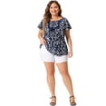 thumbnail image 3 of DARING DIVA Women's Plus Round Neck Short Sleeve Floral Print Blouse 3X Navy Blue, 3 of 6