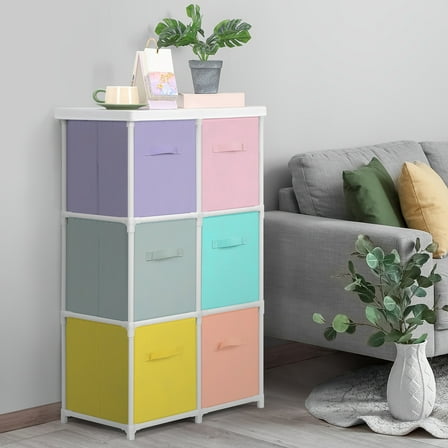 Nightstand With 6 Drawers Bedside Furniture End Side Table Chest For Bedroom Office College Dorm, Pastel