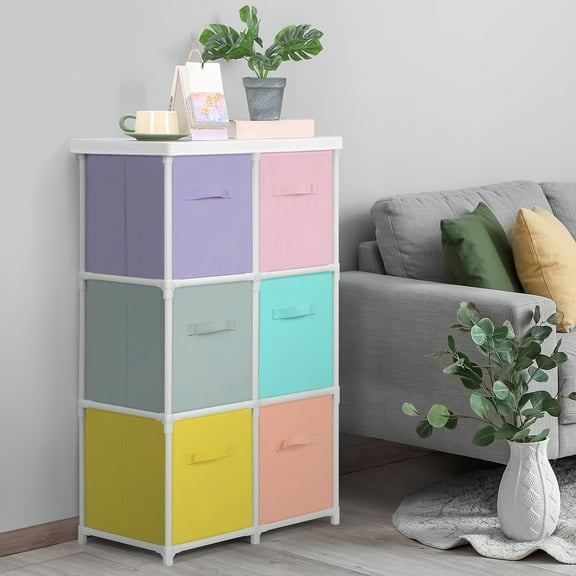 Nightstand With 6 Drawers Bedside Furniture End Side Table Chest For Bedroom Office College Dorm, Pastel