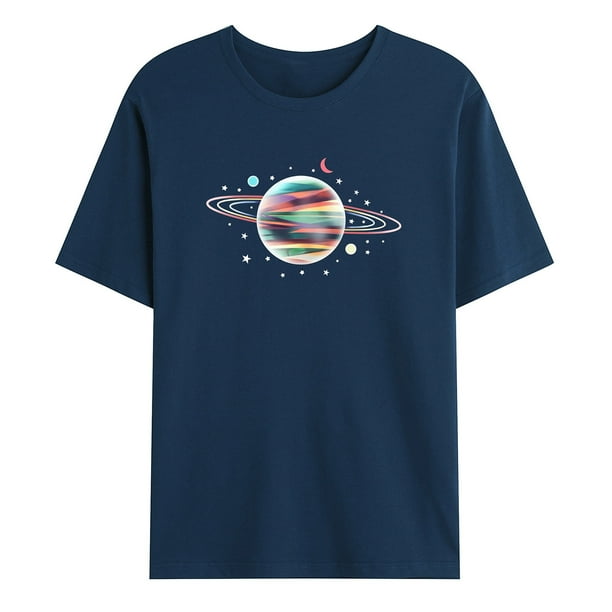 Camiseta de manga corta con estampado de planeta espacial para hombre informal a la moda con cuello redondo Pompotops oipoqjl33829 Walmart en linea