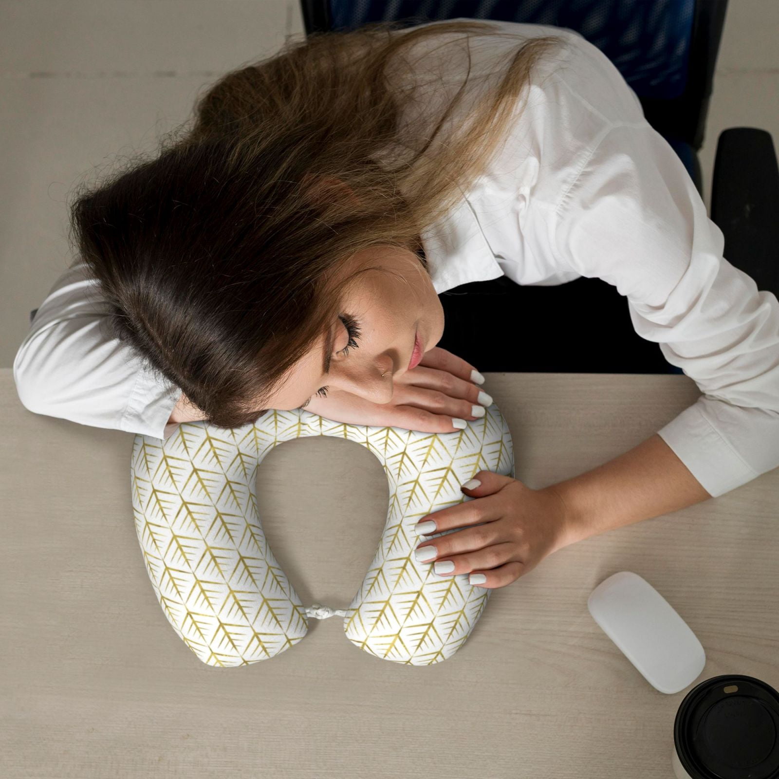 Xecao White And Gold Geometry Print Memory Foam Cervical Neck Pillow Versatile U-Shaped Pillows for Home,Office,Camping,Travelling,Soft Washable Cover