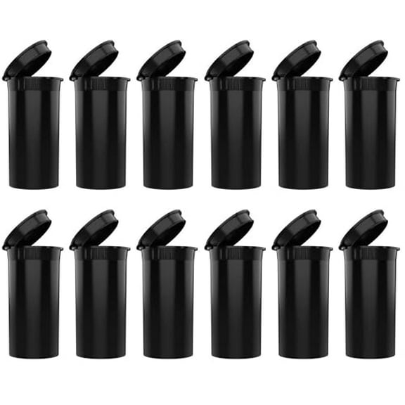 12 Pack Empty Plastic Pill Bottles with Caps, Airtight Multi-Purpose 13 Dram Pill Container with Pop Top Caps for Medicines, Supplements, or Any Small Items (Black Opaque)