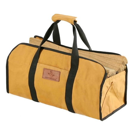 WHITEDUCK TUFF Large Firewood Carrier 21 Oz. Heavy Duty Waxed Canvas Log Carrier Holder for Fireplace, Carrying Wood Indoor & Outdoor (Tan, Tote Shape (23"x10"x12"))