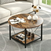 Dextrus Round Coffee Table with Storage, Rustic Living Room Tables with Sturdy Metal Legs, Brown