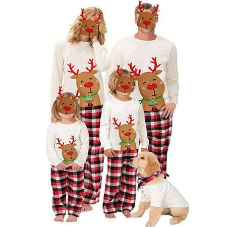 

Family Matching Christmas Pajamas Set Deer Tops+Plaid Pants Xmas Holiday Loungewear Sleepwear Pjs for Adult Kids