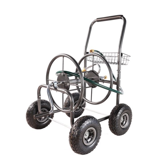 Garden Hose Reel Cart - 4 Wheel Portable Water Hose Holder with Basket, Heavy Duty Rust Resistant Yard Hose Reel for Lawn & Garden