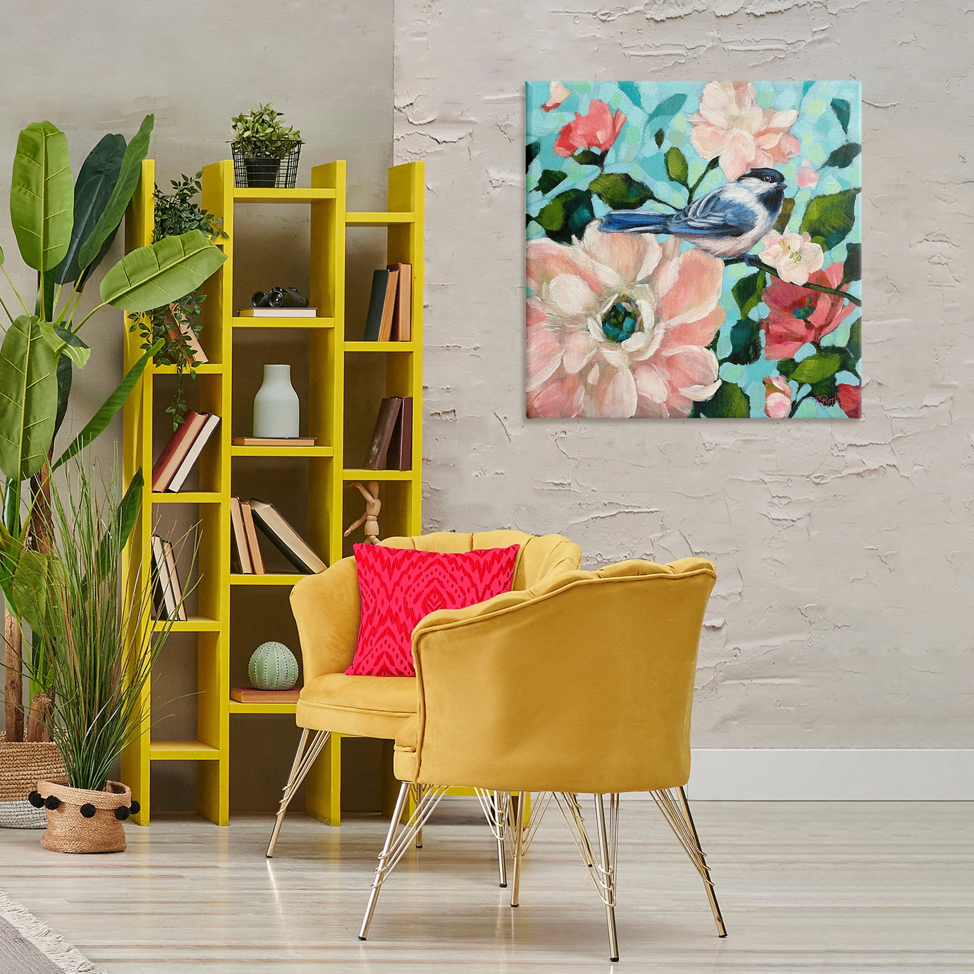 Stupell Industries Blue Bird & Bold Flowers Plants & Flowers Painting Wrapped Canvas Art Print Wall Art, 30 x 30