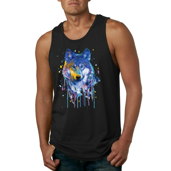 Wolf Painting Splatter Abstract Art Animal Lover Mens Graphic Tank Top, Black, Small
