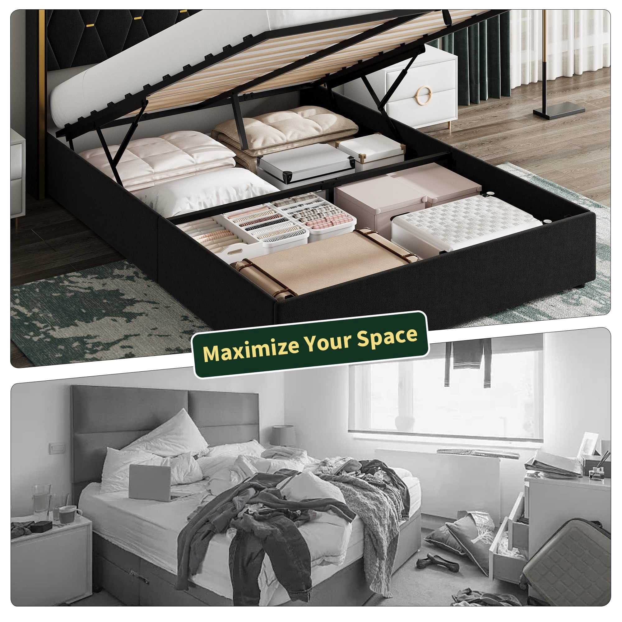 Full Size Lift Up Storage Bed Frame with with Gold Wingback Headboard, Velvet Upholstered Bed Frame with Diamond Tufted Design & Gold Trim, Hydraulic Support, No Box Spring Needed