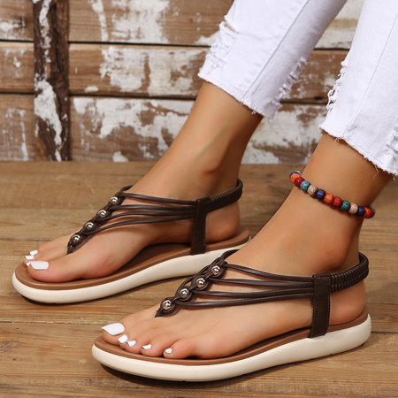 

〖Yilirongyumm〗 Brown 39 Sandals Women Ladies Fashion Solid Color Leather Thin Strap Metal Buckle Soft Bottom Boho Sandals